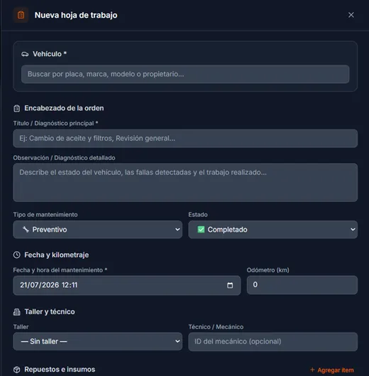 Formulario de nueva hoja de trabajo del panel PitsZone